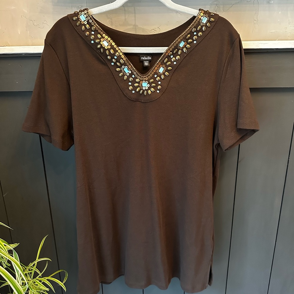 Rafealla‎ 100% Cotton Brown Embellished Beaded Cowboy Western V Neck Top sz XL